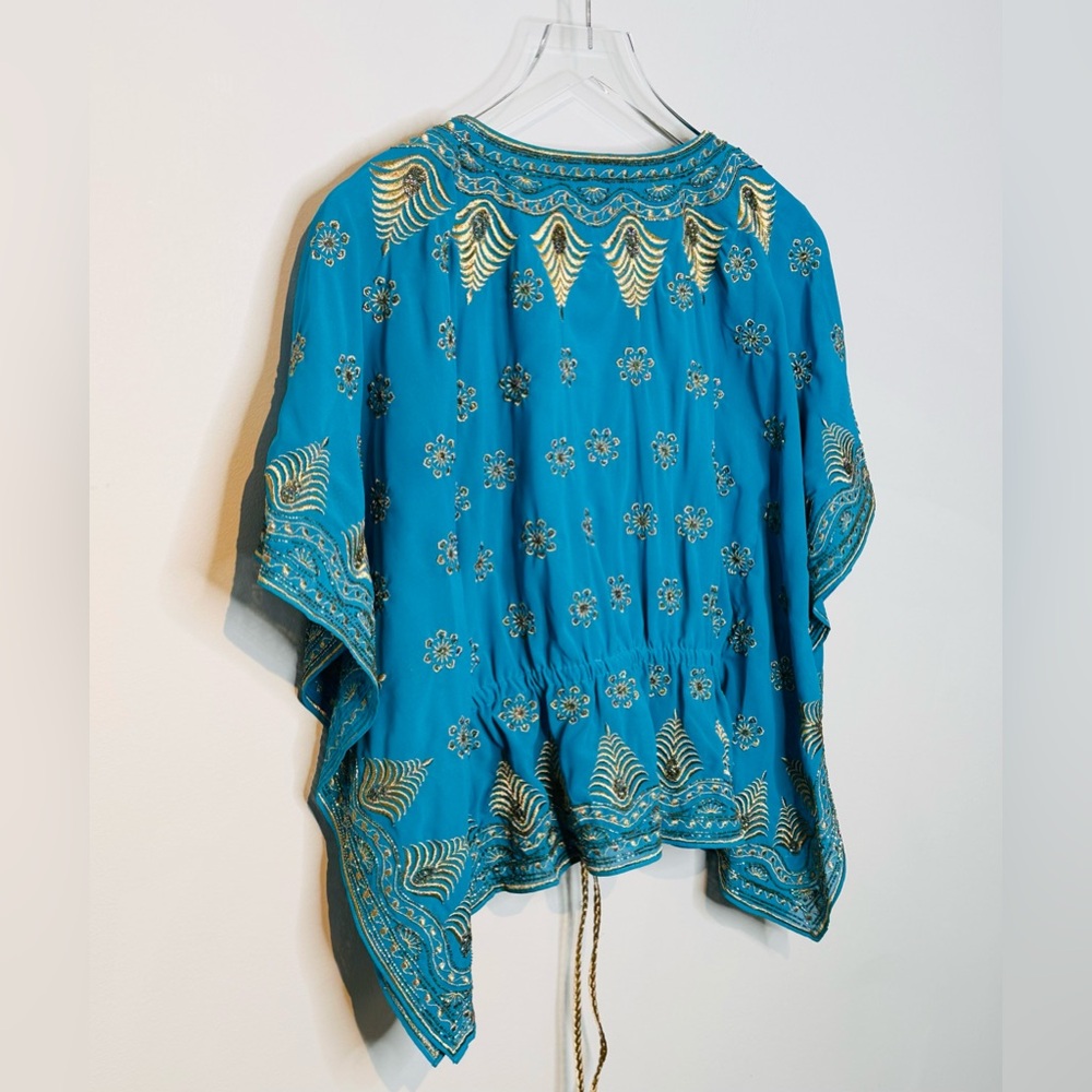Alice + Olivia Sharita Blue Green Teal Gold Embroidered Drawstring Top Blouse - Picture 8 of 15